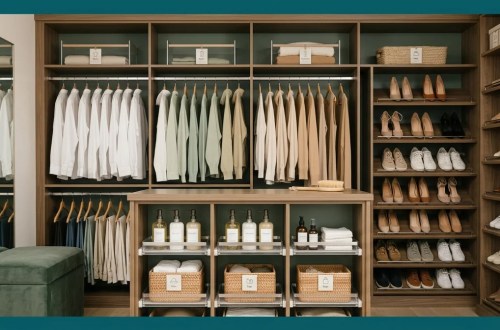 A clean lifestyle hero photograph of a fully organized walk-in closet styled in warm oat and deep sage tones, featuring a double hang rod with neatly arranged clothes, labeled shelf sections, and an angled shoe rack in soft, natural lighting.