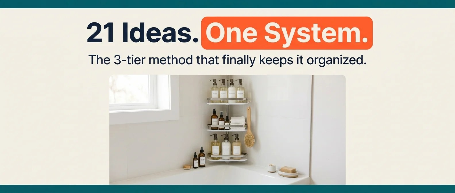 A clean lifestyle hero photograph of an organized bathtub edge featuring a sleek tension pole shower caddy with neatly arranged decanted amenity bottles in a bright bathroom setting. The image is set against a soft ivory background with solid deep teal banner strips framed at the top and bottom.