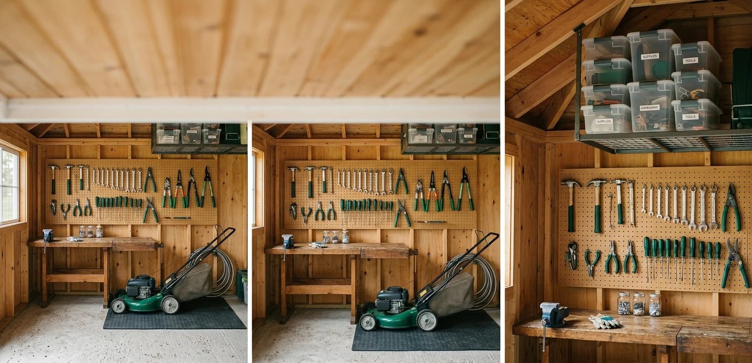 A horizontal, bright, and clean lifestyle photograph capturing a well-organized shed interior, featuring a pegboard tool wall, a lawnmower on a mat, and a ceiling storage rack, styled with soft natural daylight and a shallow depth of field.