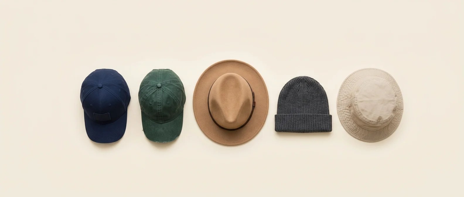 A horizontal WordPress featured image graphic featuring an overhead flat-lay photograph of a curated hat collection—including two baseball caps, a fedora, a beanie, and a bucket hat—neatly arranged on a smooth cream background with ample open space at the top and bottom, presented without text overlays.