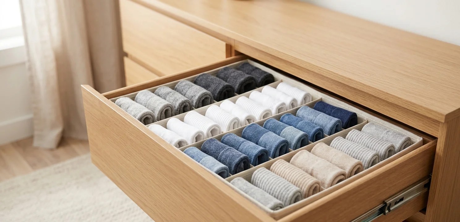 A bright, clean, premium editorial lifestyle photograph of an open, light wood dresser drawer viewed from a slightly elevated angle. The drawer's interior features a grid divider filled with neatly file-folded socks standing upright, meticulously sorted by type in a soft neutral and denim color palette. The organized drawer fills the lower two-thirds of the horizontal frame, while the top third is preserved as open, softly blurred negative space. The scene is illuminated by soft, natural daylight with a shallow depth of field.