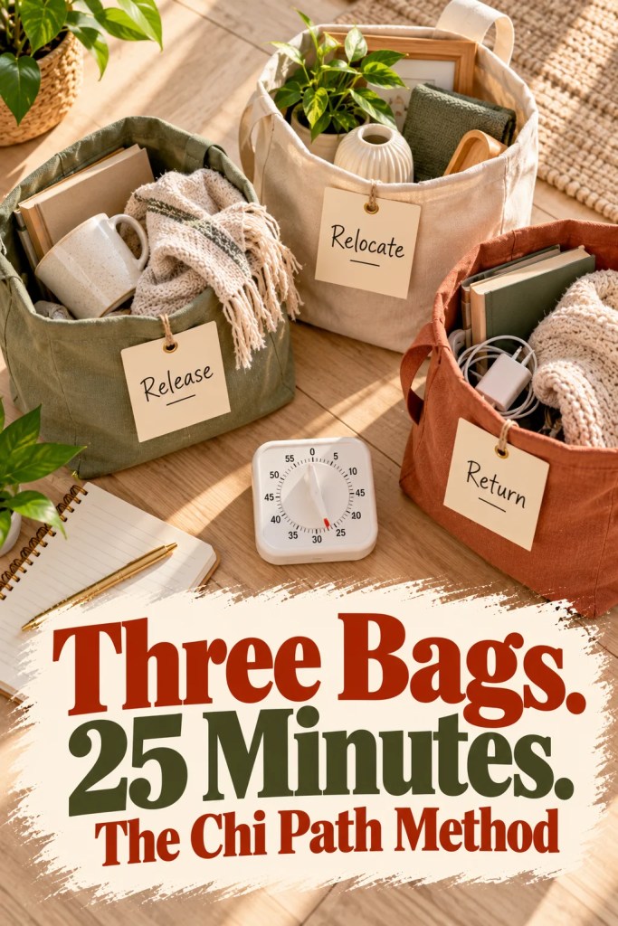 Flat-lay of three decluttering bags and a timer for a feng shui decluttering method