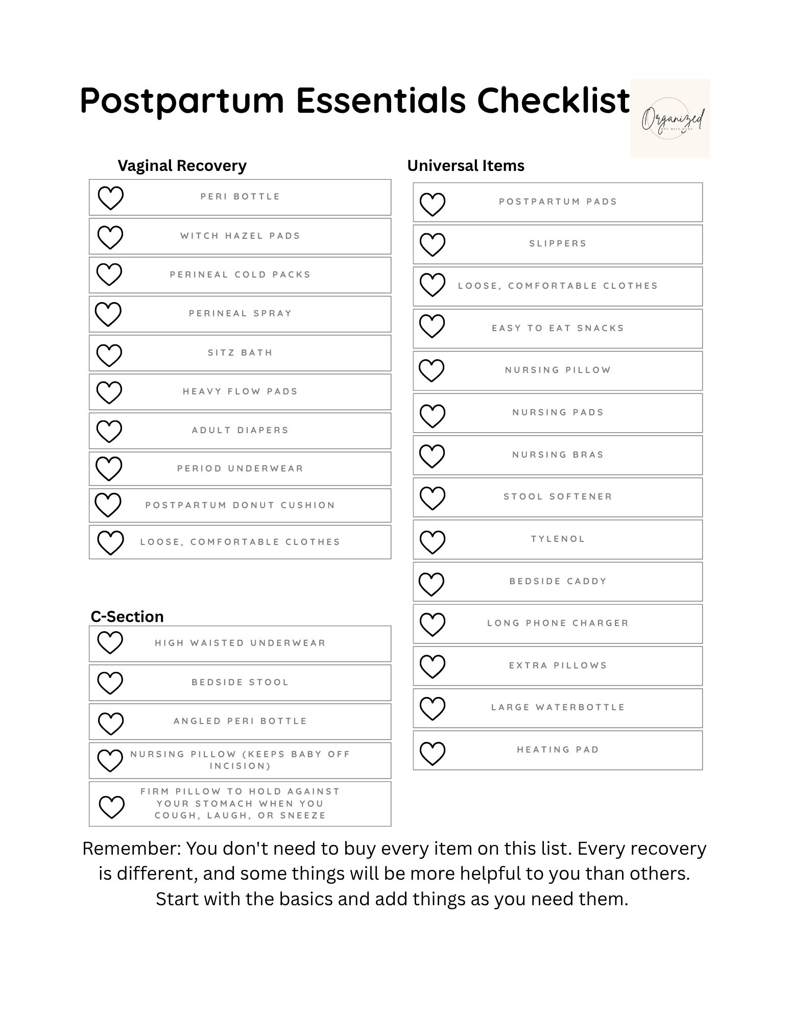 Postpartum Healing Essentials Checklist
