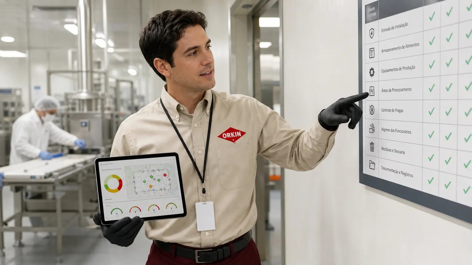 Especialista realizando auditoria de controle de pragas em indústria