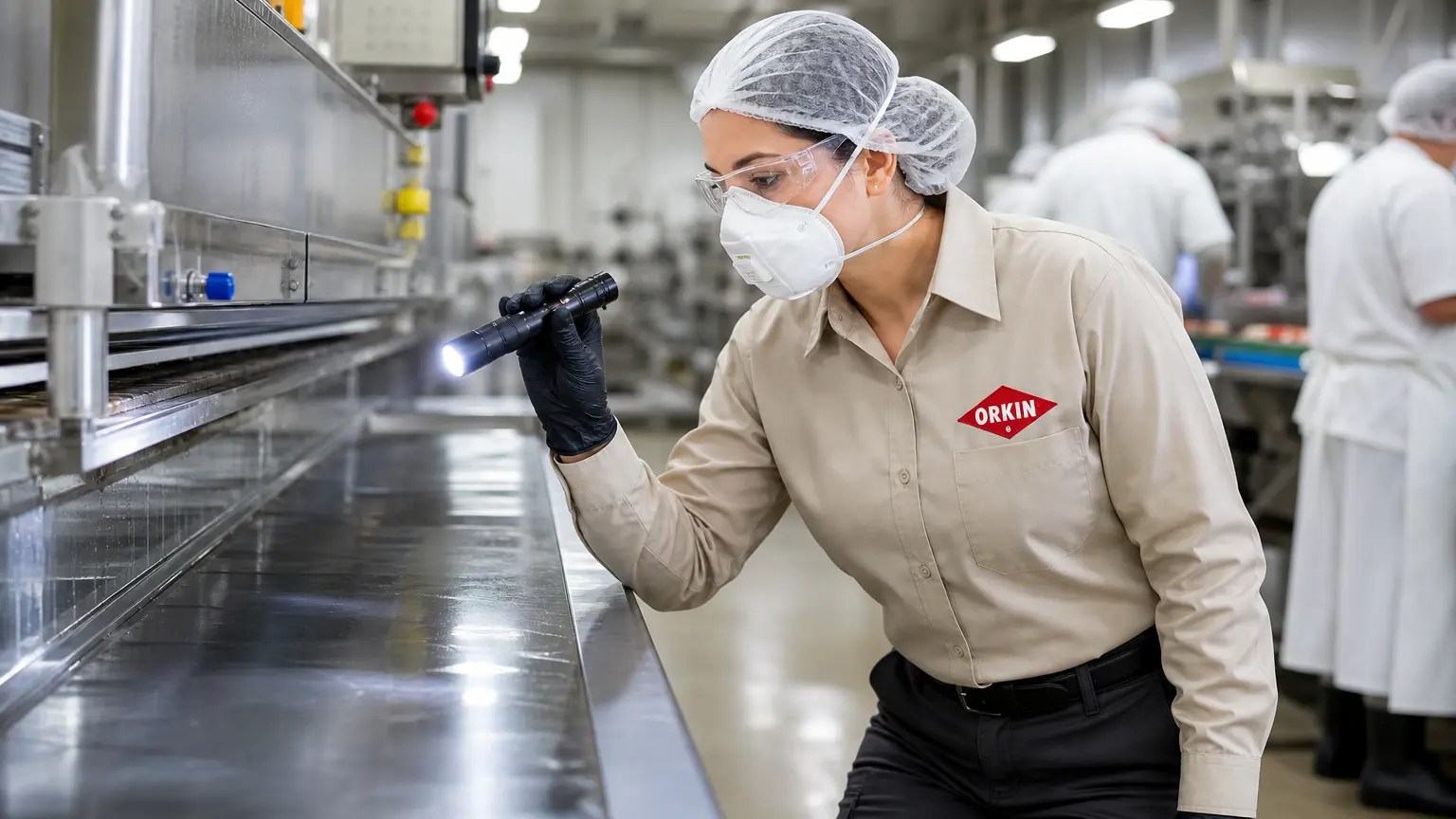 Profissional realizando inspeção de controle de pragas em indústria alimentícia