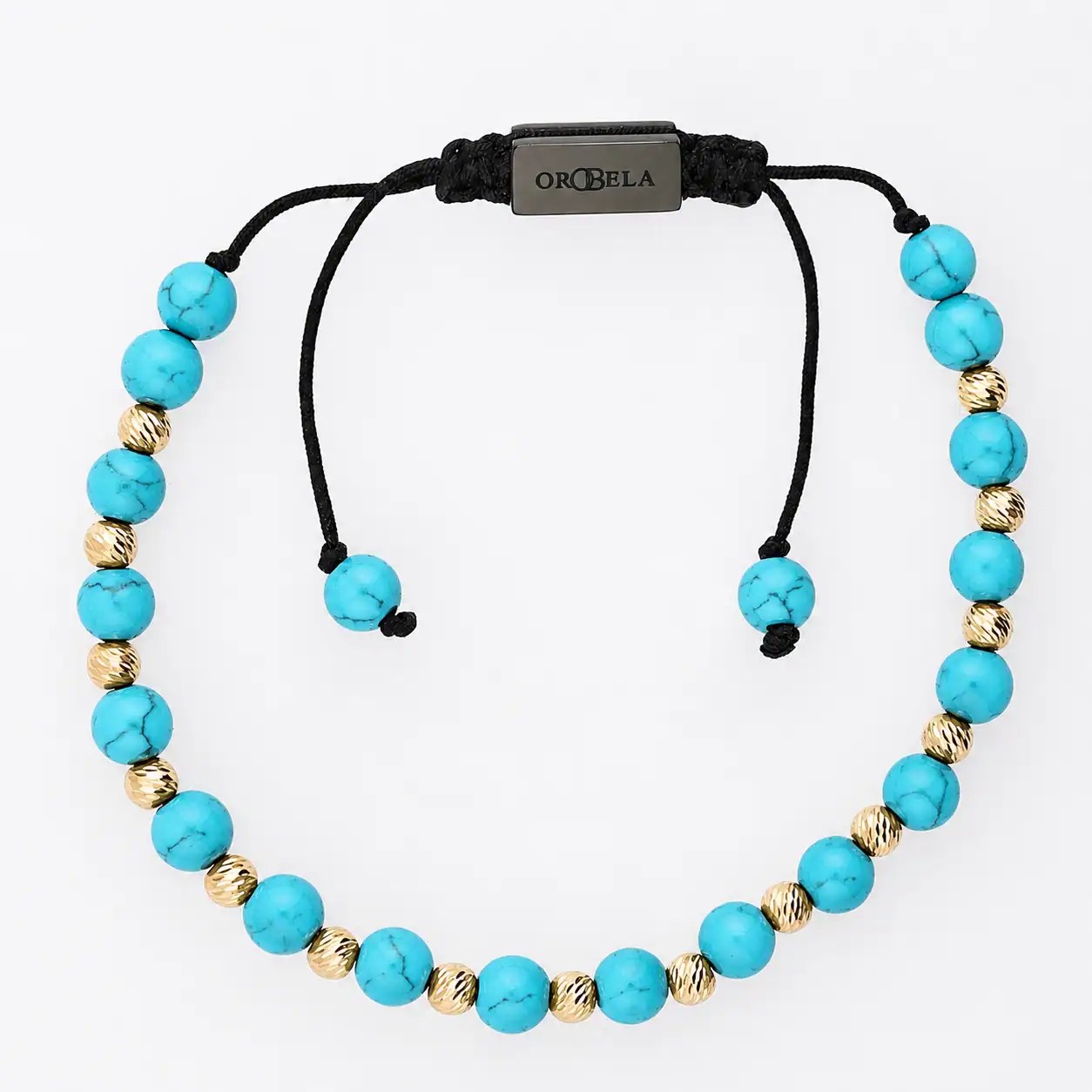 Turquoise and gold beaded bracelet with adjustable black cord.