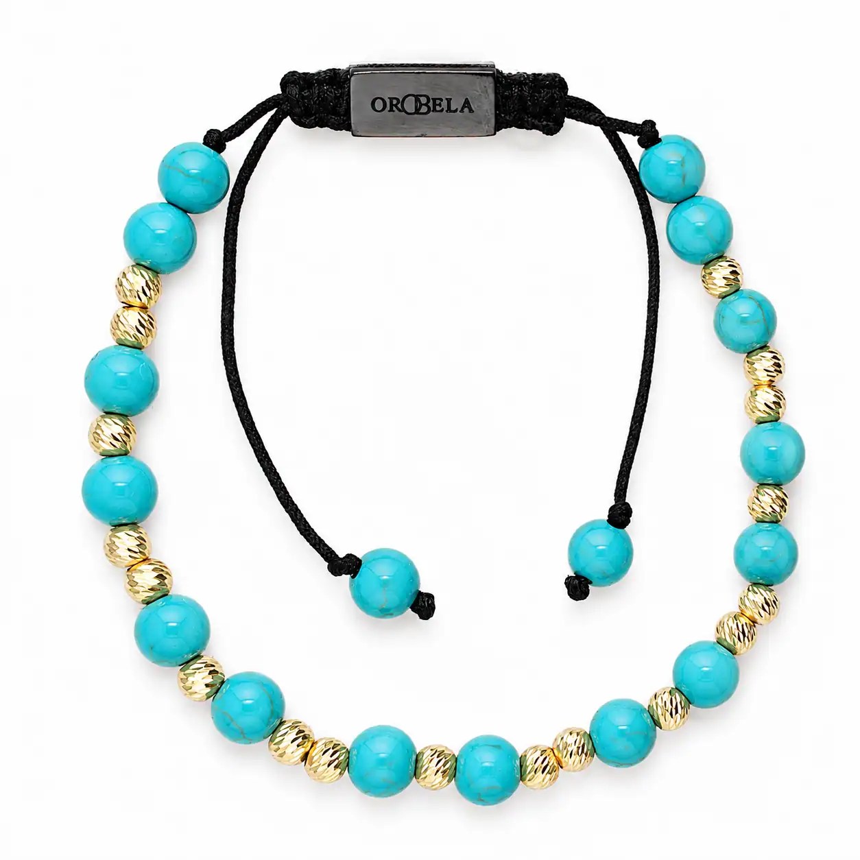 Turquoise and gold beaded adjustable bracelet from Orobelas jewelry collection.