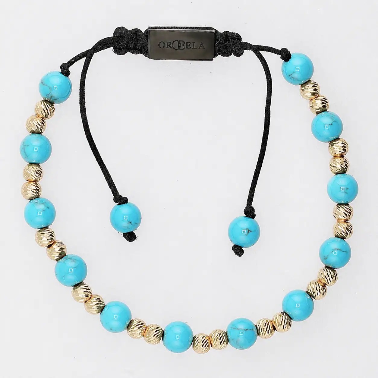 Turquoise and gold beaded necklace with adjustable black cord on white background.