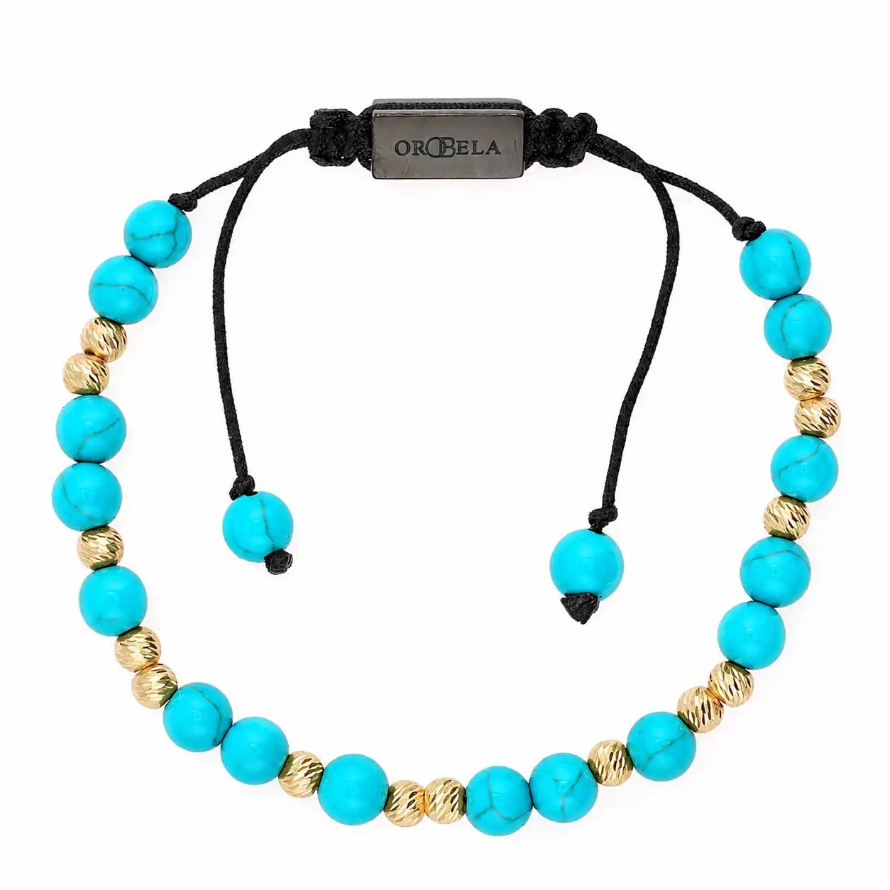 Colorful beaded bracelet with black adjustable cord and ORBELLA tag.
