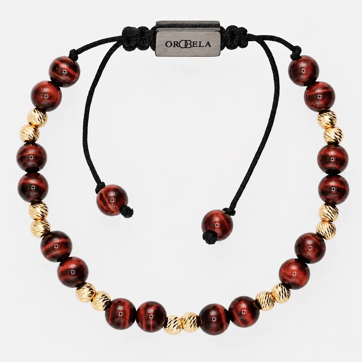 Elegant beaded necklace with red and gold beads from Orobelas jewelry collection.