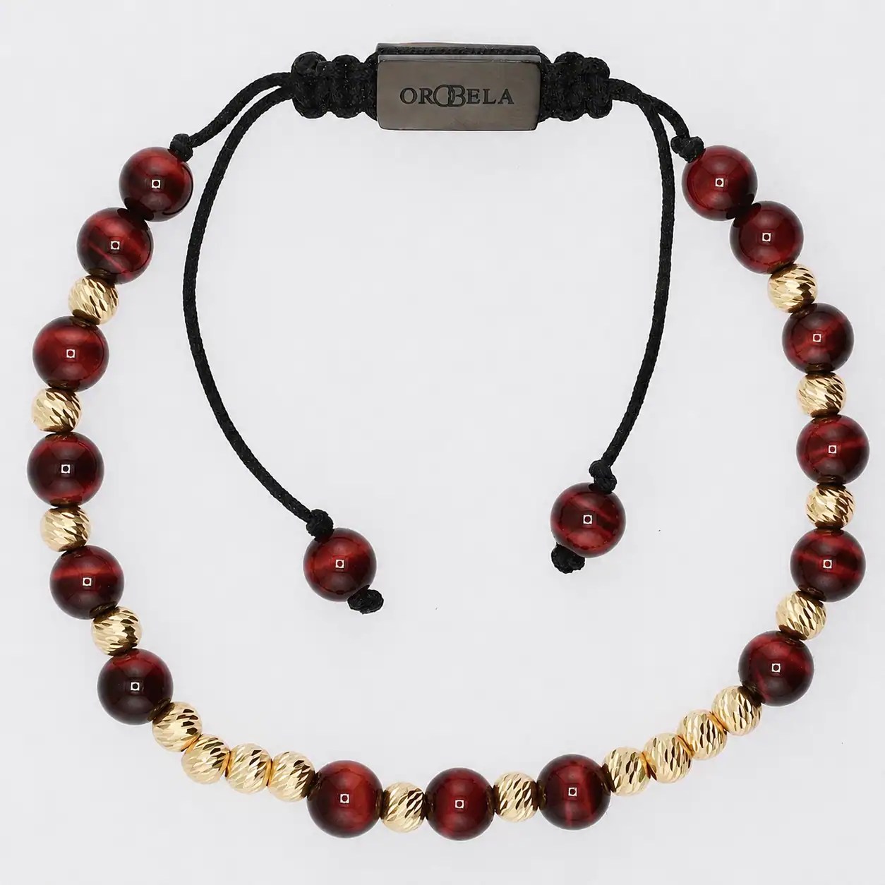 Elegant beaded bracelet with red and gold beads on black cord for women.