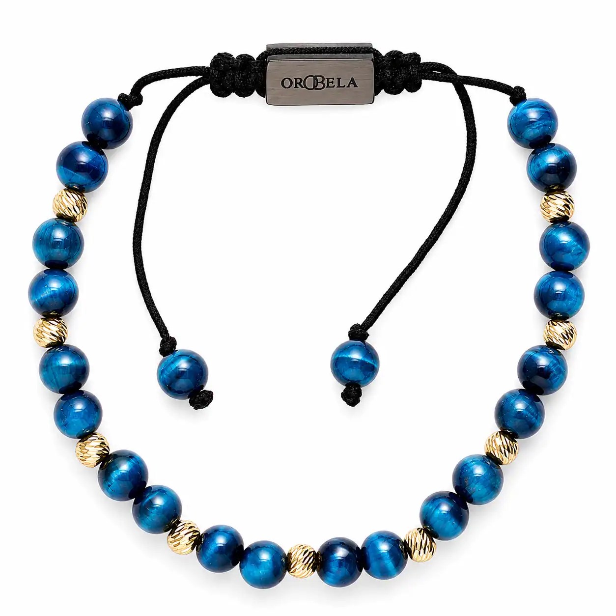 Blue and gold beaded adjustable bracelet with OROBELA tag.