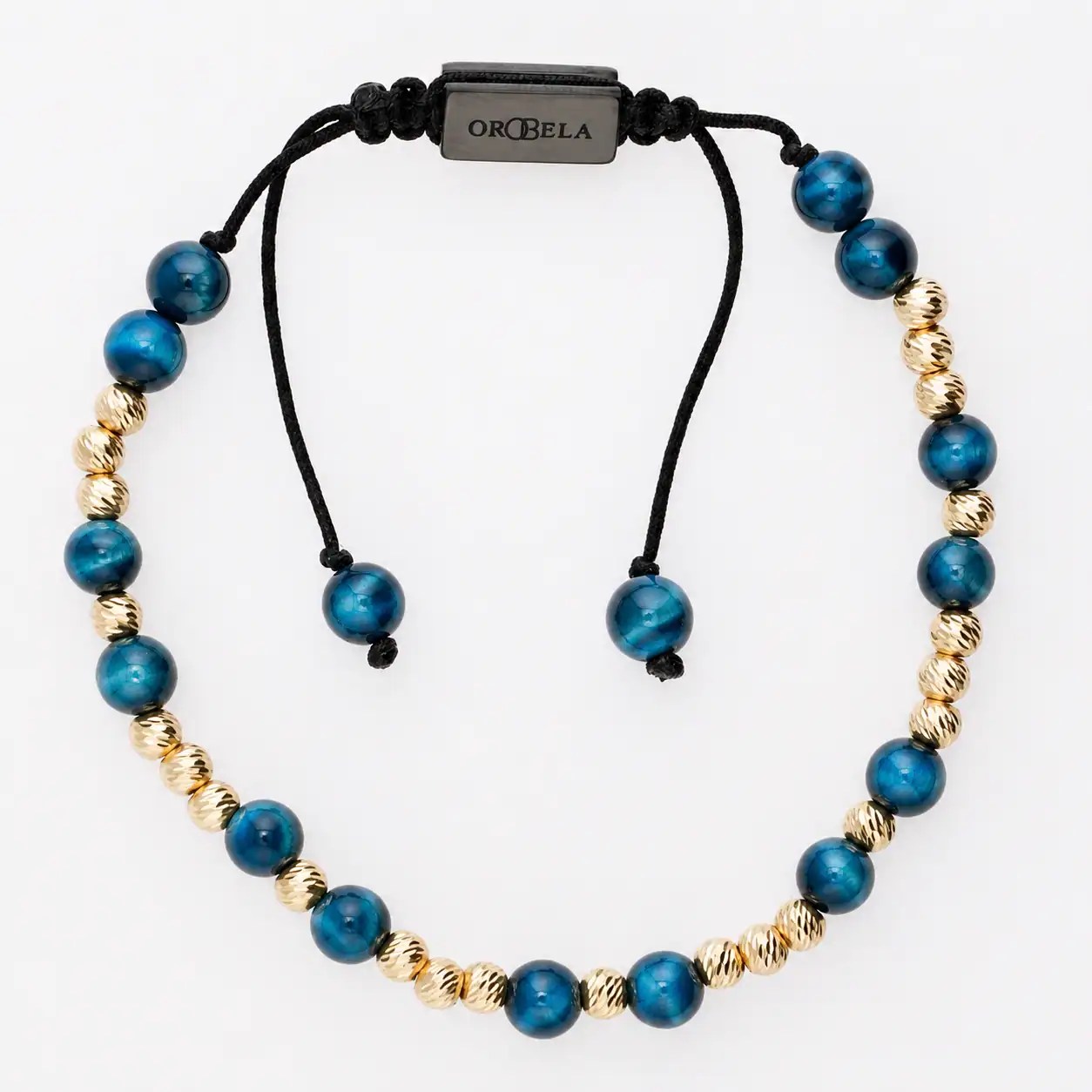 Elegant blue and gold beaded necklace with adjustable black cord from OroBela.