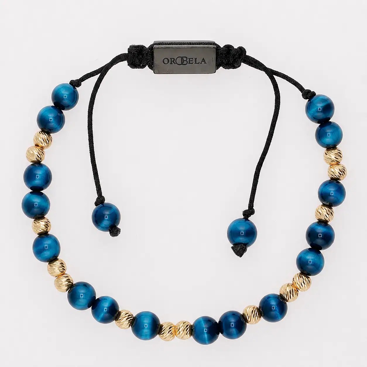 Blue and gold beaded adjustable bracelet with OROBELLA logo.