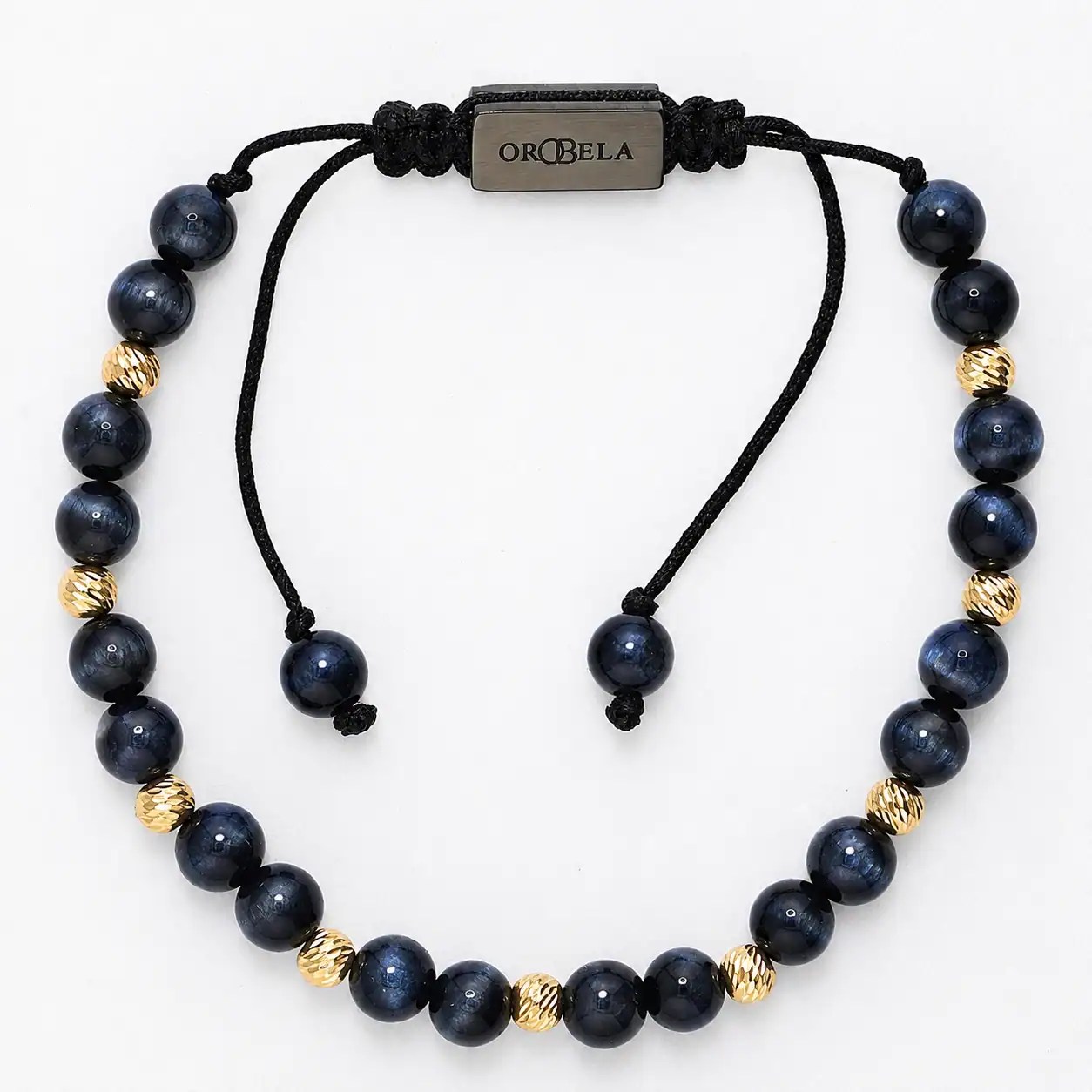 Elegant beaded bracelet with black and gold beads on a black cord.