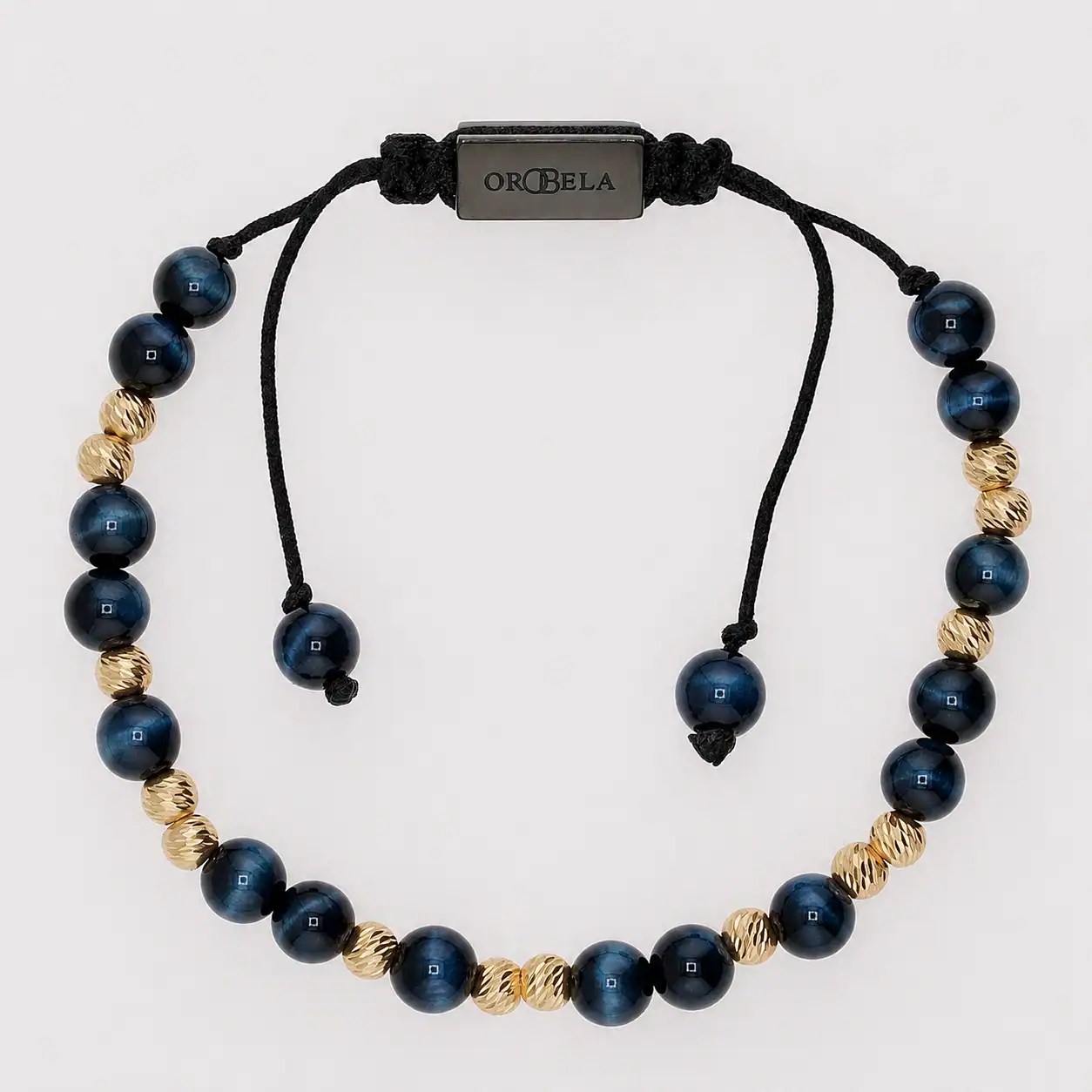 Elegant beaded necklace with black and gold beads on a white background.