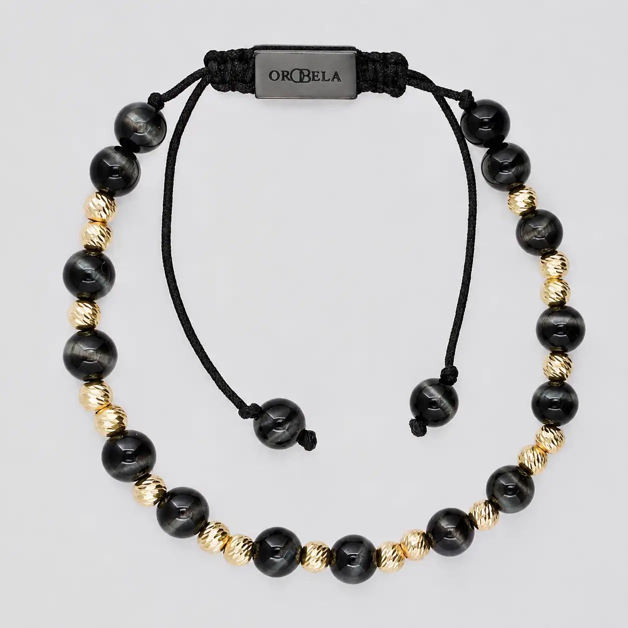 Elegant black and gold beaded necklace with adjustable cord for men or women.