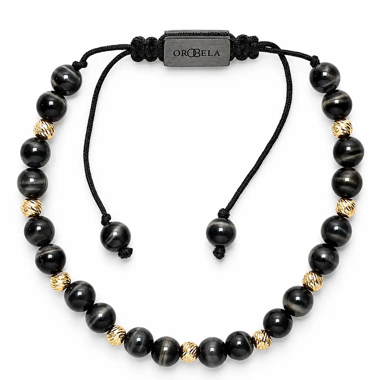 Elegant black and gold beaded necklace with adjustable cord for stylish accessories.