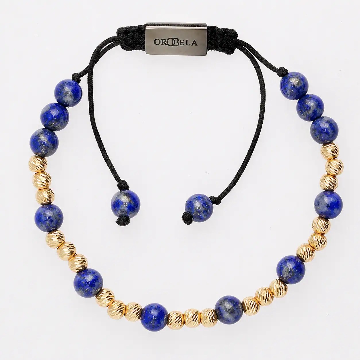 Elegant beaded necklace with blue and gold beads on black cord.