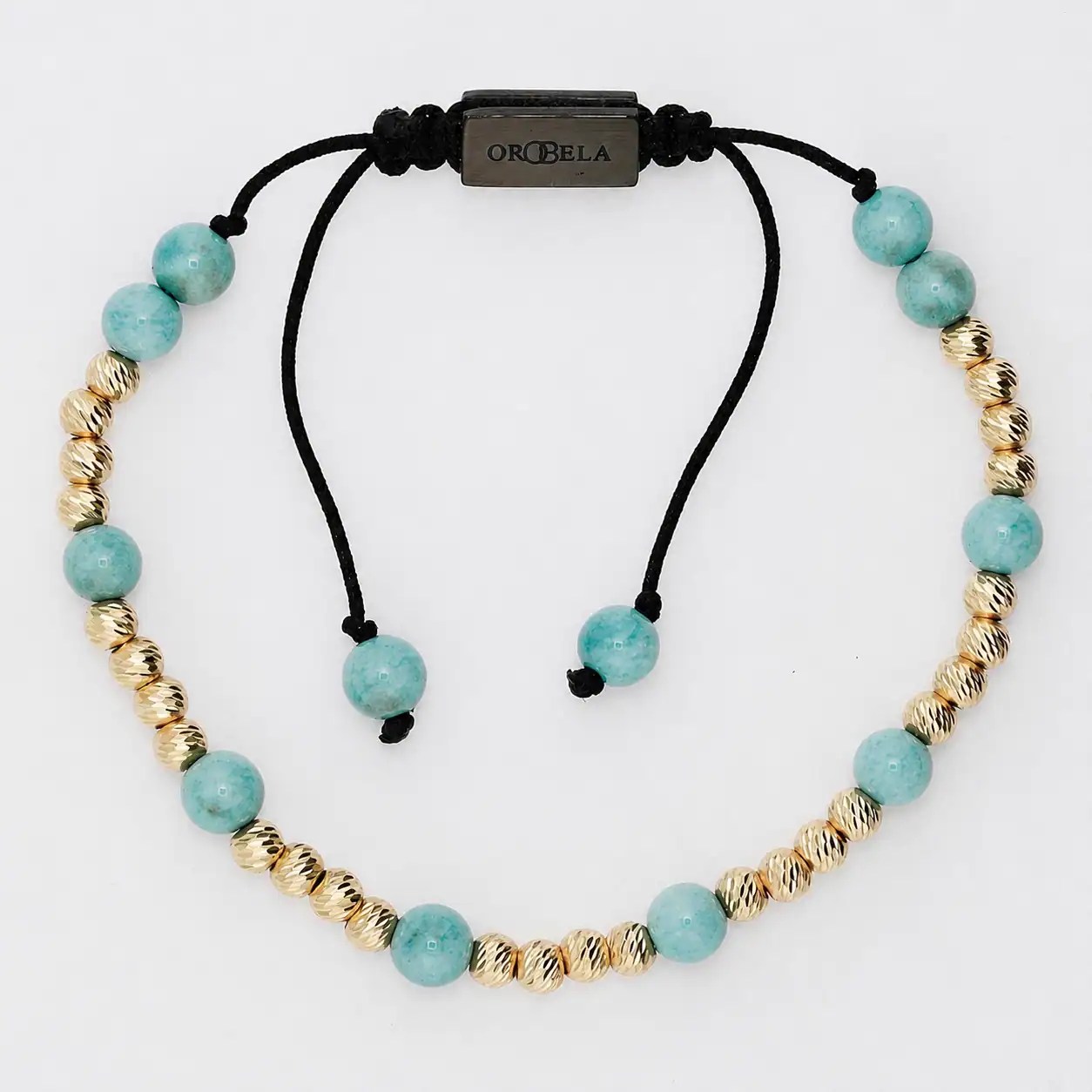 Elegant turquoise and gold beaded necklace with adjustable black cord.