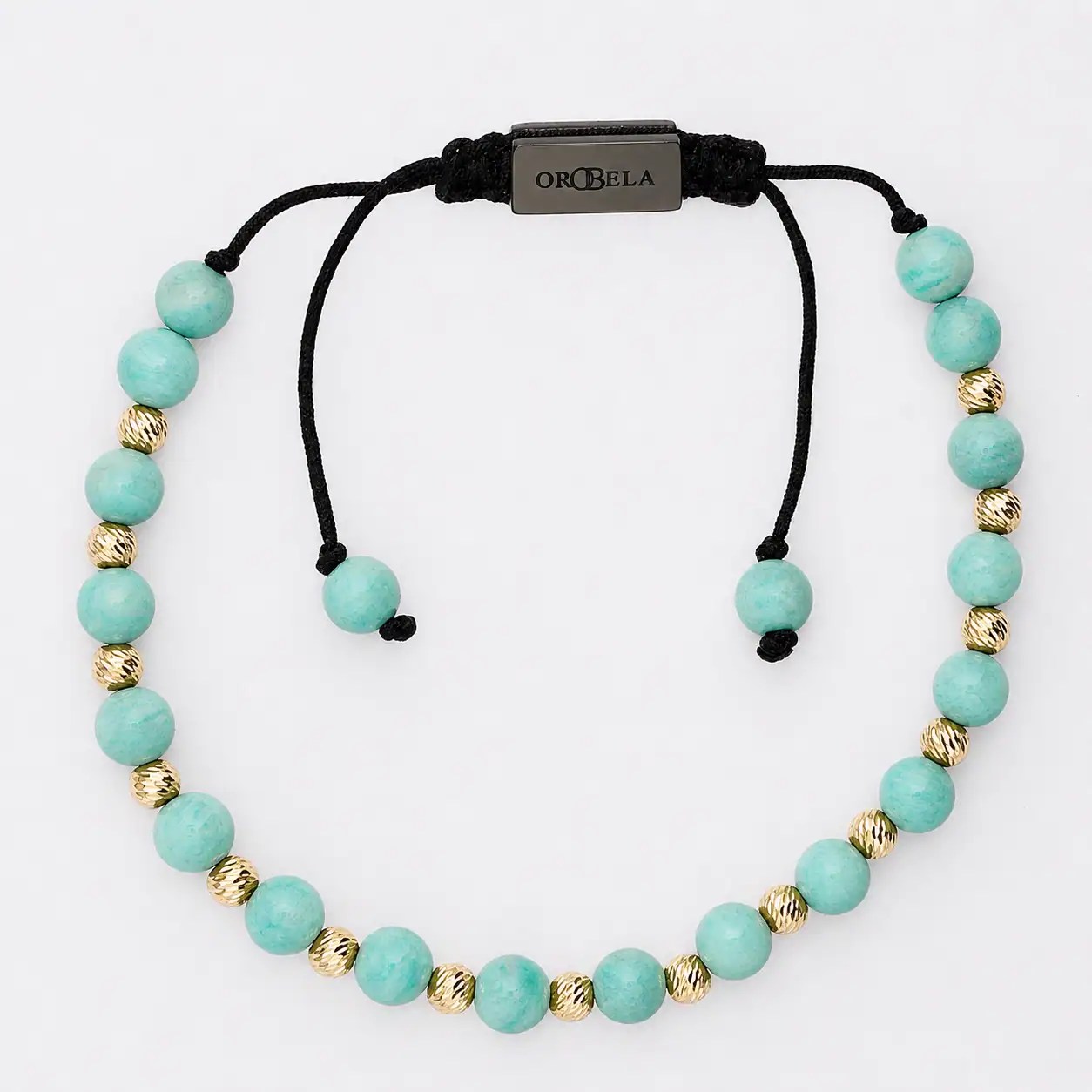 Elegant turquoise and gold beaded bracelet with adjustable black cord.