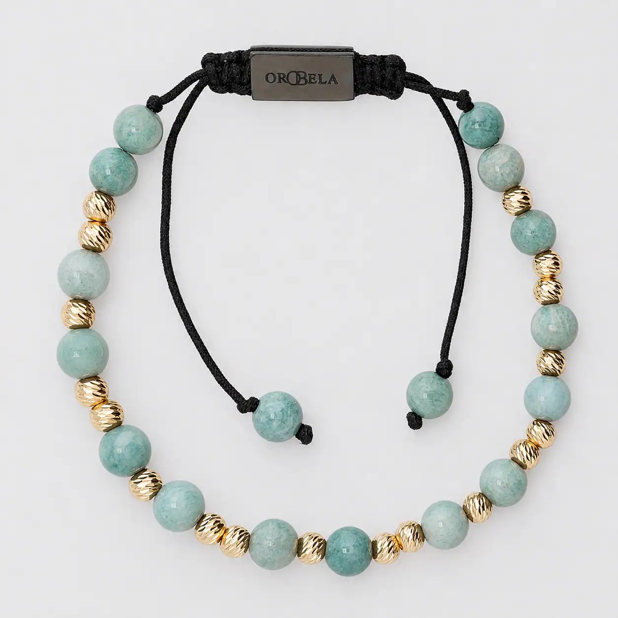 Elegant beaded necklace with turquoise and gold beads on black cord.