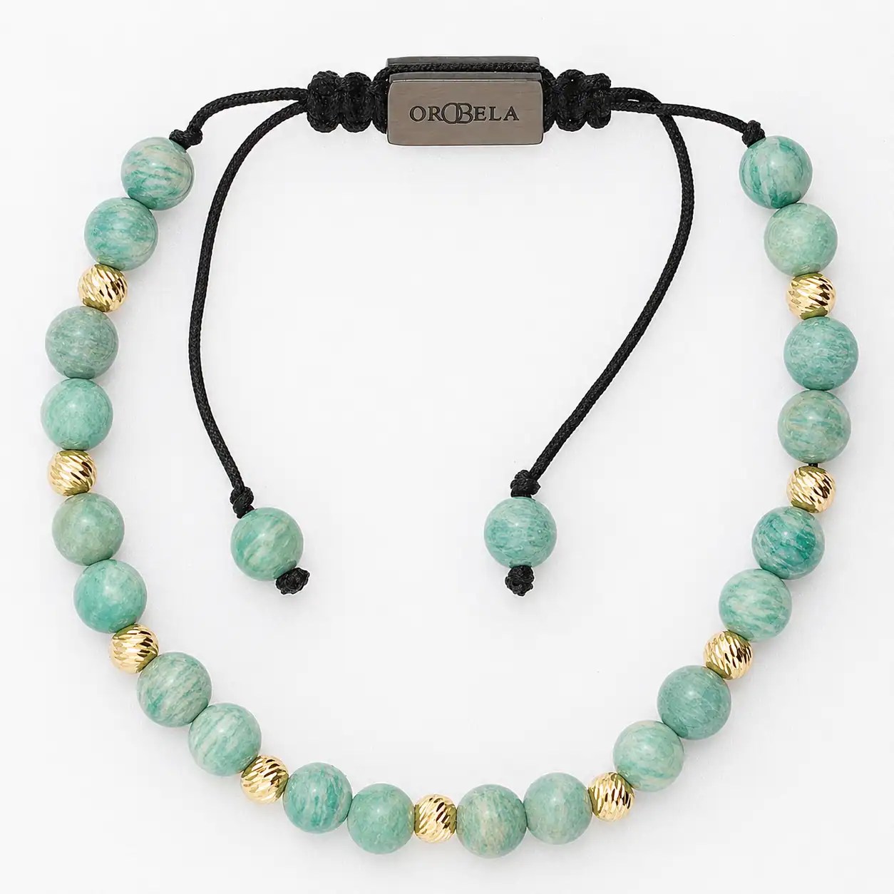 Elegant beaded necklace with green and gold beads on black cord.