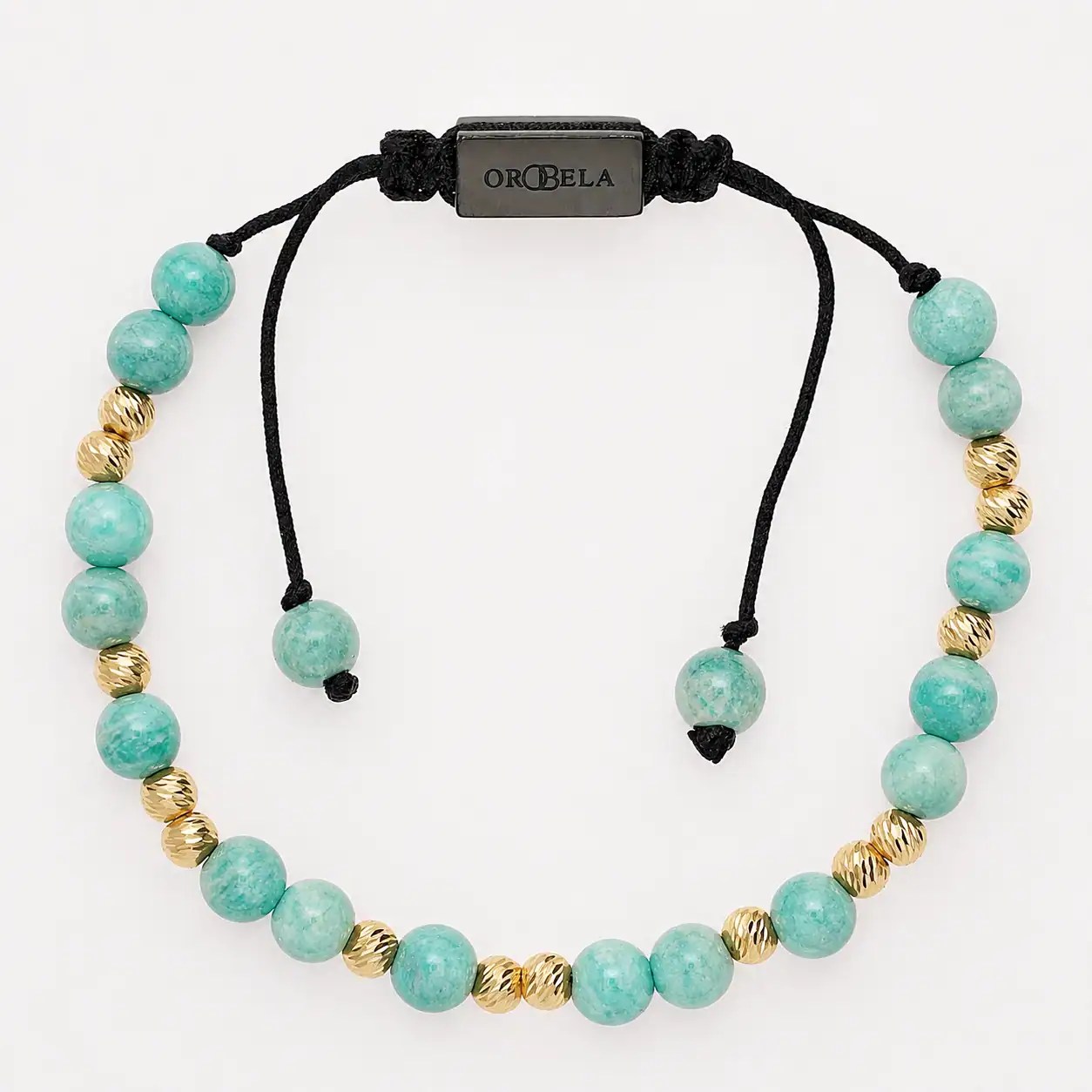 Turquoise and gold beaded adjustable bracelet on black cord.