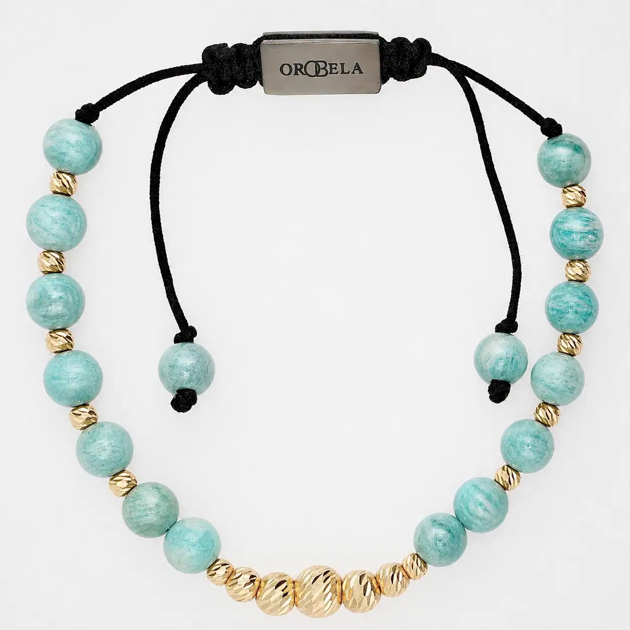 Turquoise and gold beaded adjustable bracelet for women on white background.