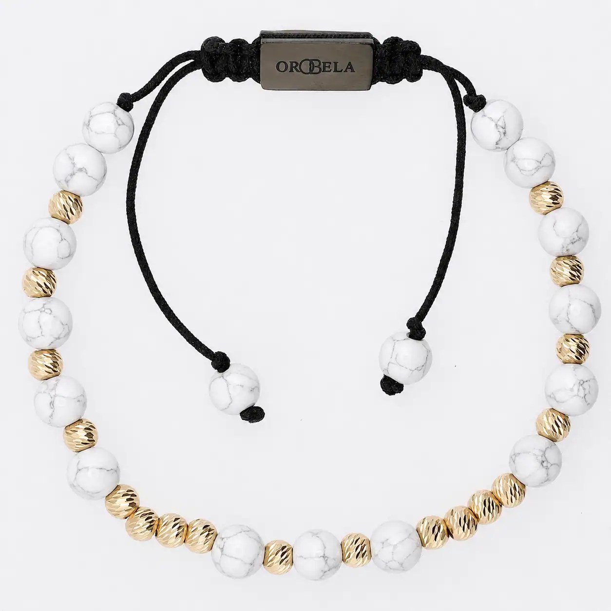 Elegant beaded bracelet with white and gold beads on black cord from OroBela.