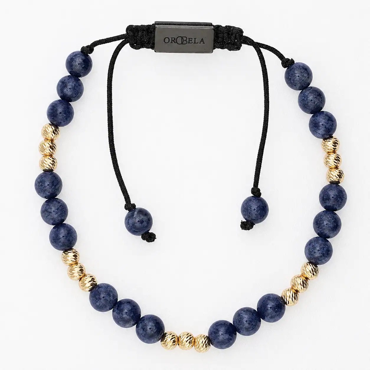 Elegant beaded necklace with blue and gold beads on black cord.
