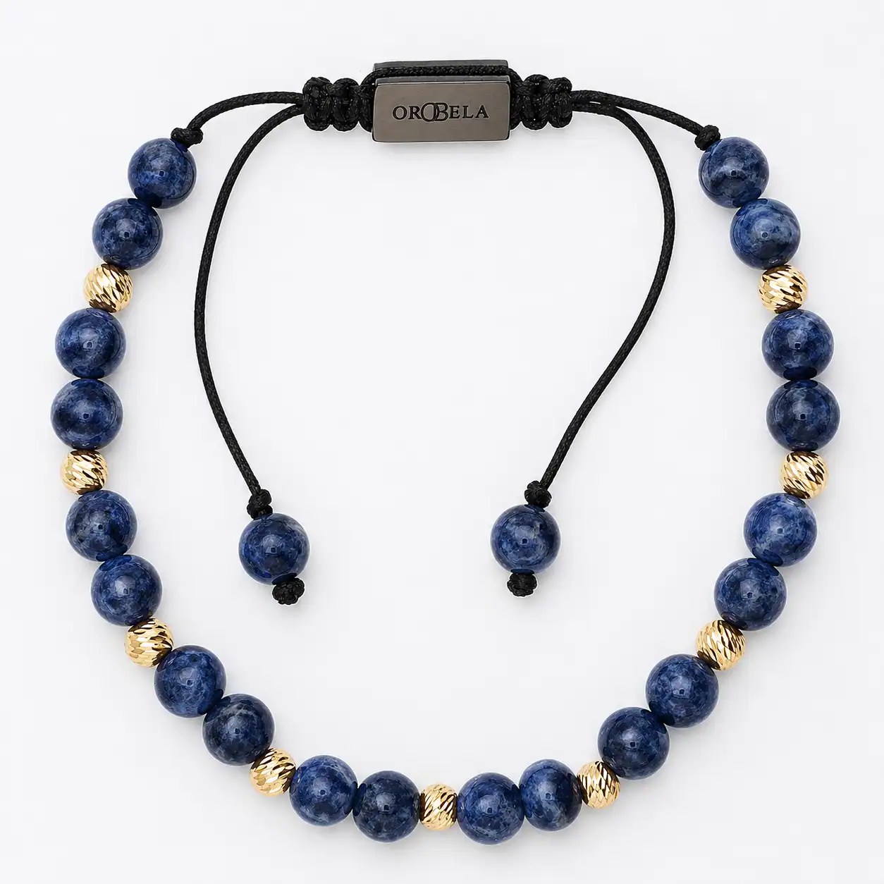 Elegant blue and gold beaded necklace with adjustable black cord for women.