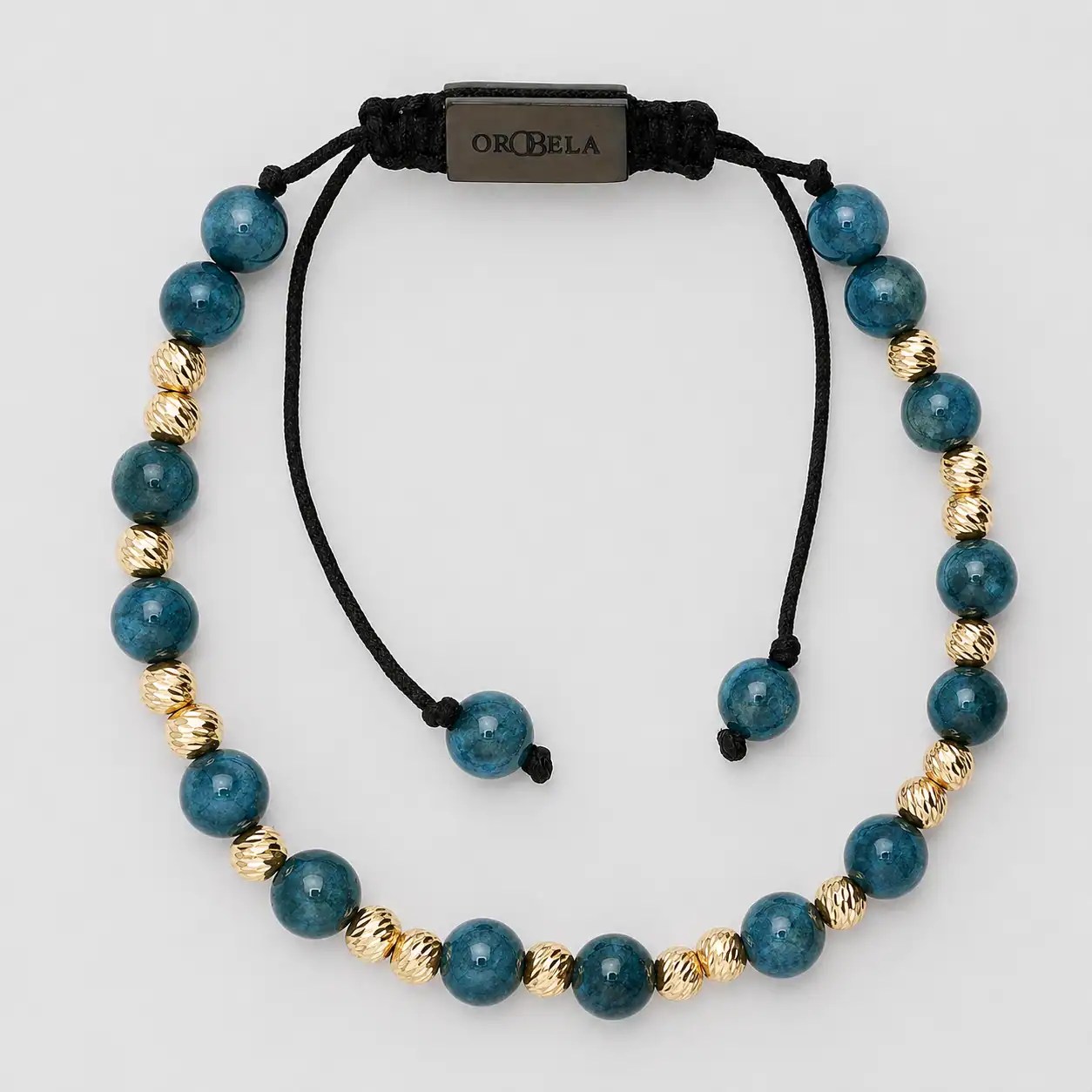 Elegant blue and gold beaded bracelet with adjustable black cord for women.