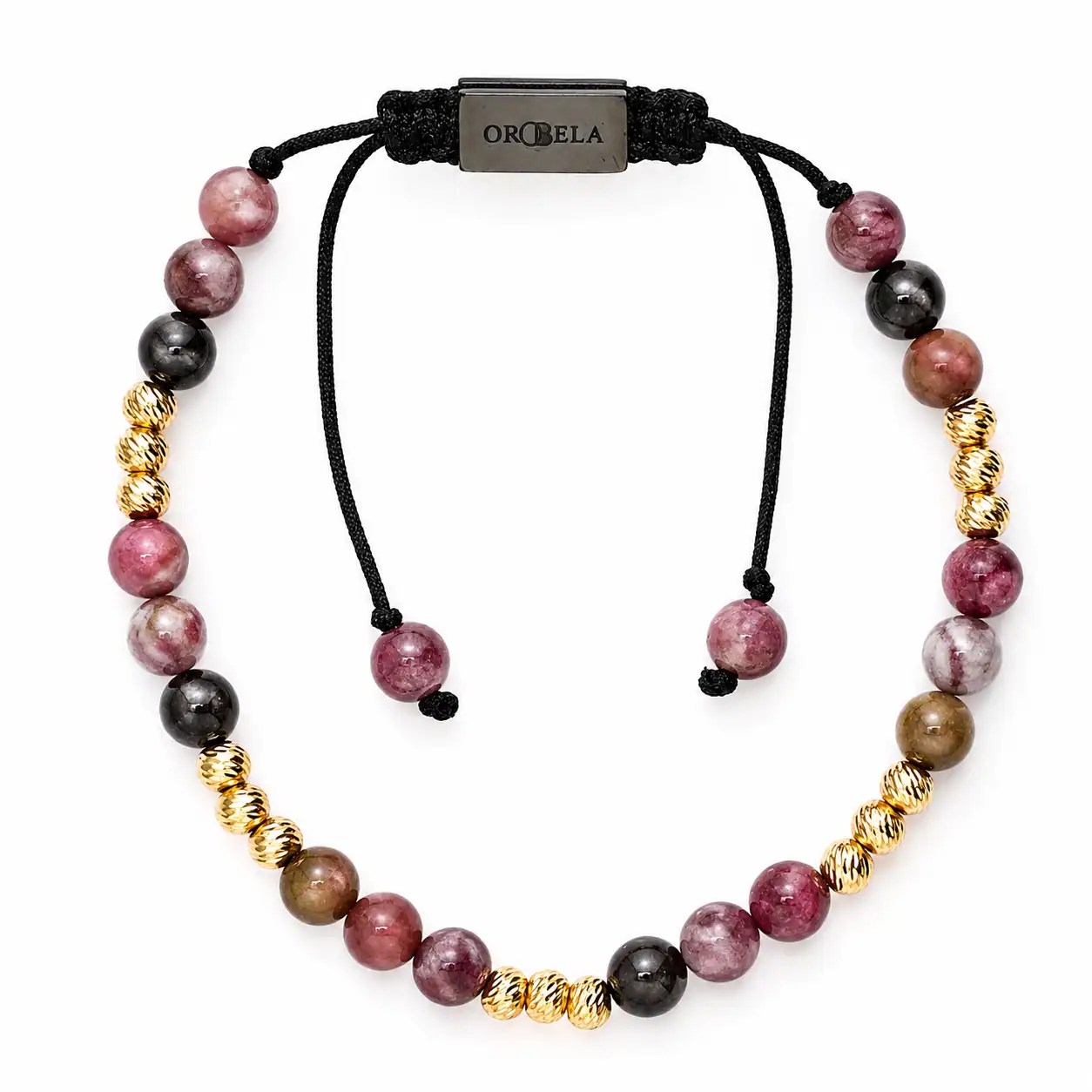 Elegant beaded necklace with pink, black, and gold beads from OROBELA.