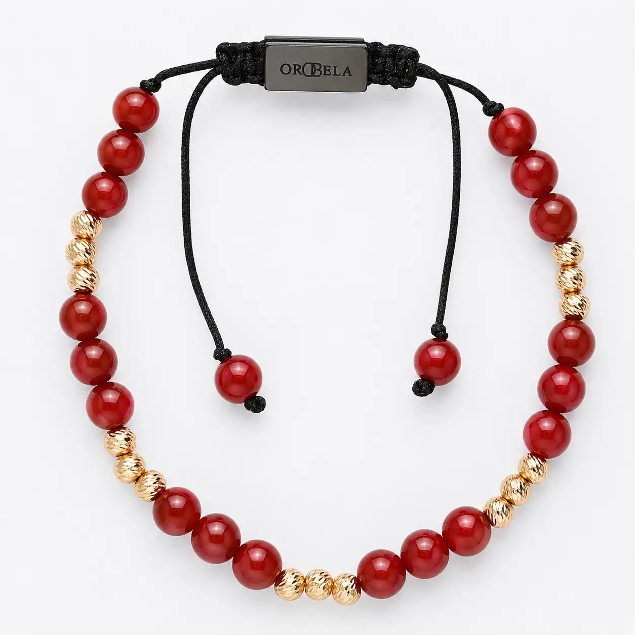 Elegant beaded necklace with red and gold beads on black cord from OROBELA.