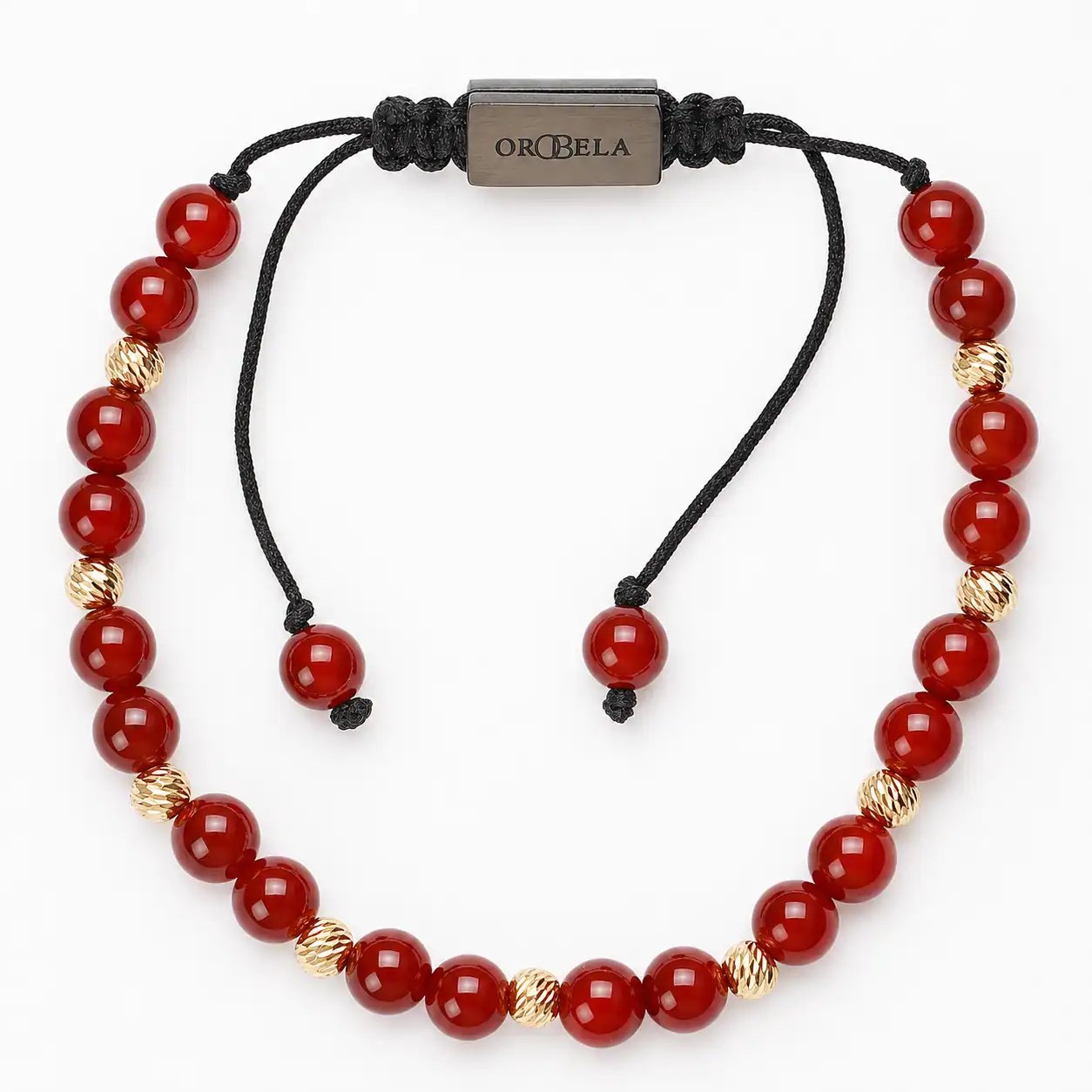 Elegant red and gold beaded bracelet with adjustable black cord for women.