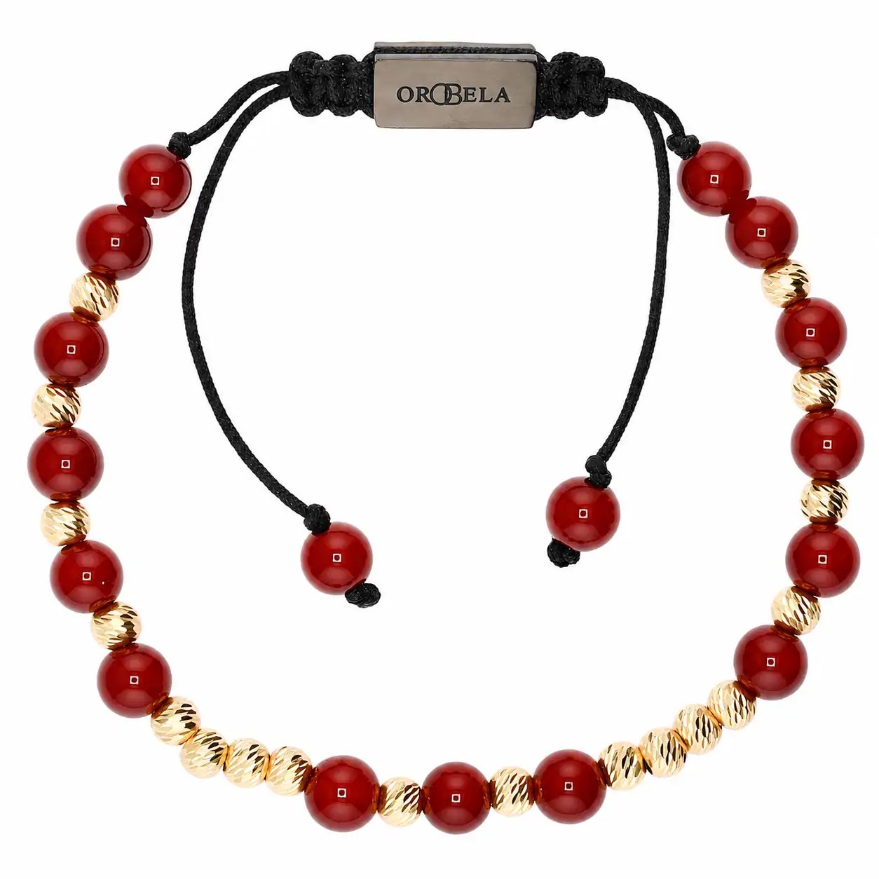 Elegant red and gold beaded adjustable bracelet with ORBELLA tag.