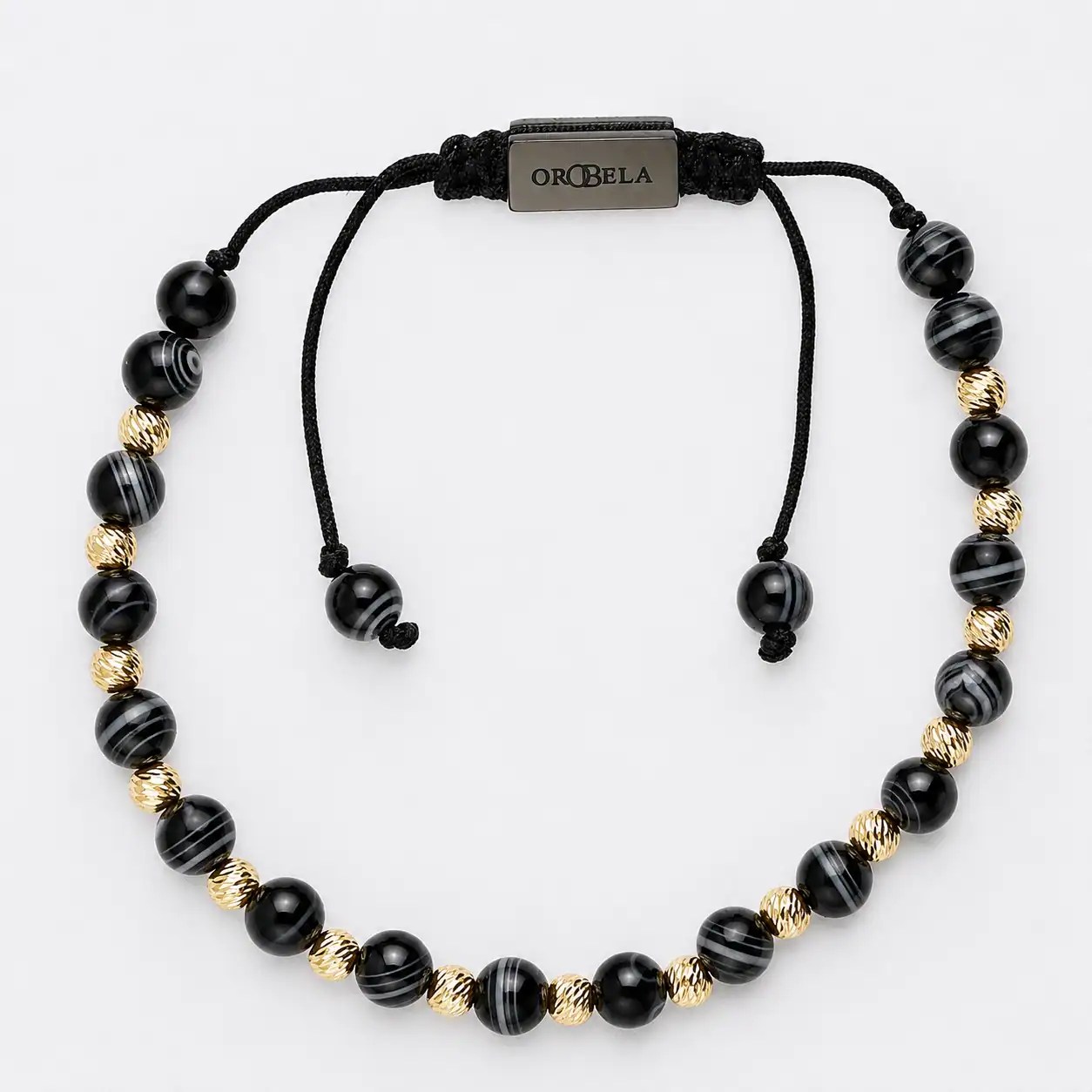 Elegant black and gold beaded necklace with adjustable cord for stylish accessories.