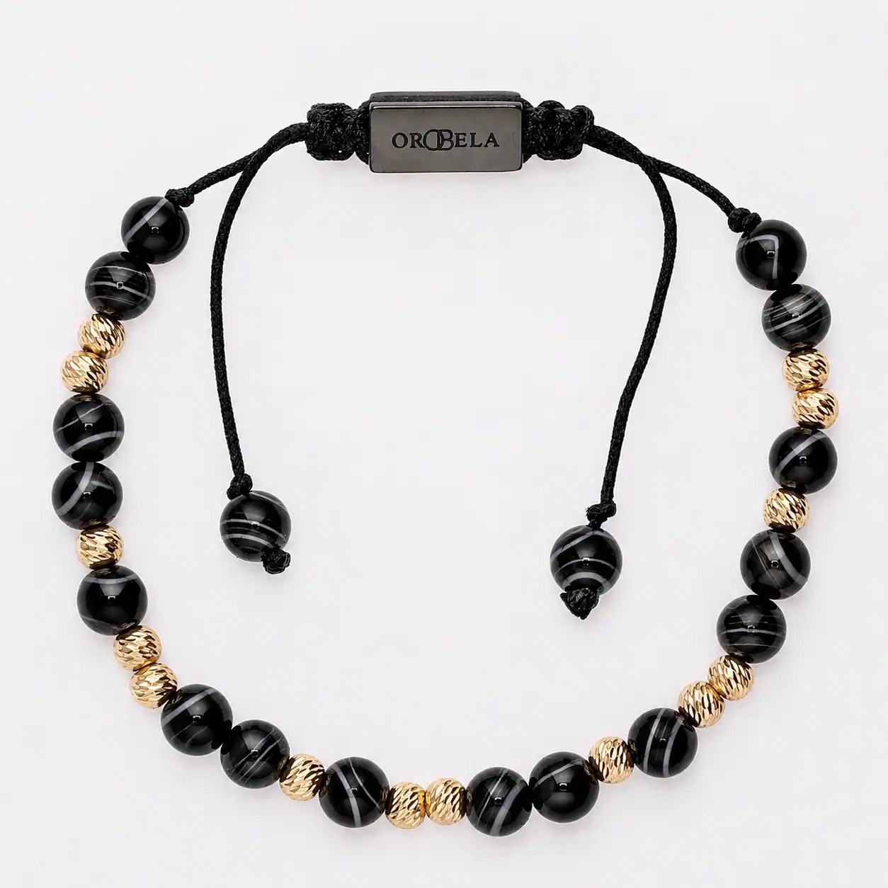 Elegant black and gold beaded bracelet with adjustable cord for men and women.