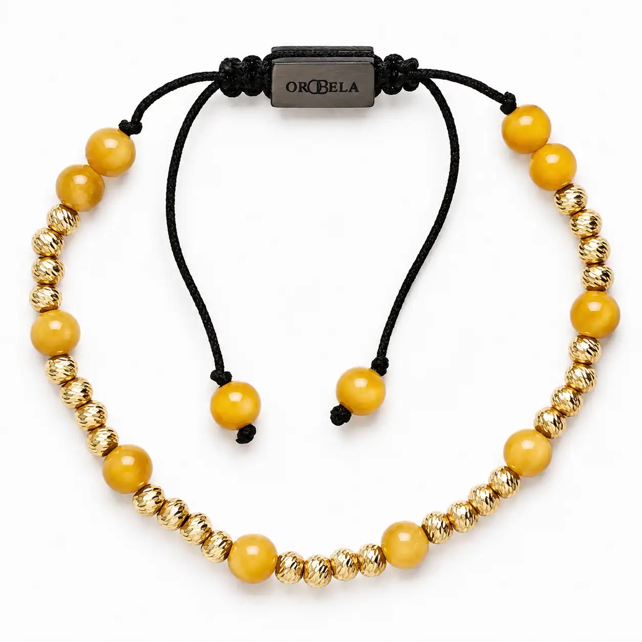 Elegant beaded necklace with yellow and silver beads on black cord for women.