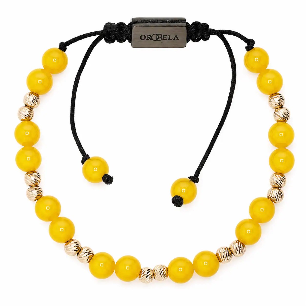 Yellow beaded adjustable bracelet with silver accents and black cord.