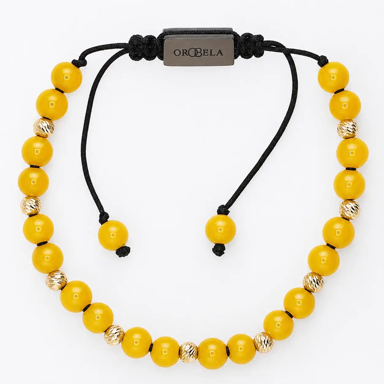 Yellow beaded bracelet with black adjustable cord and silver accents.