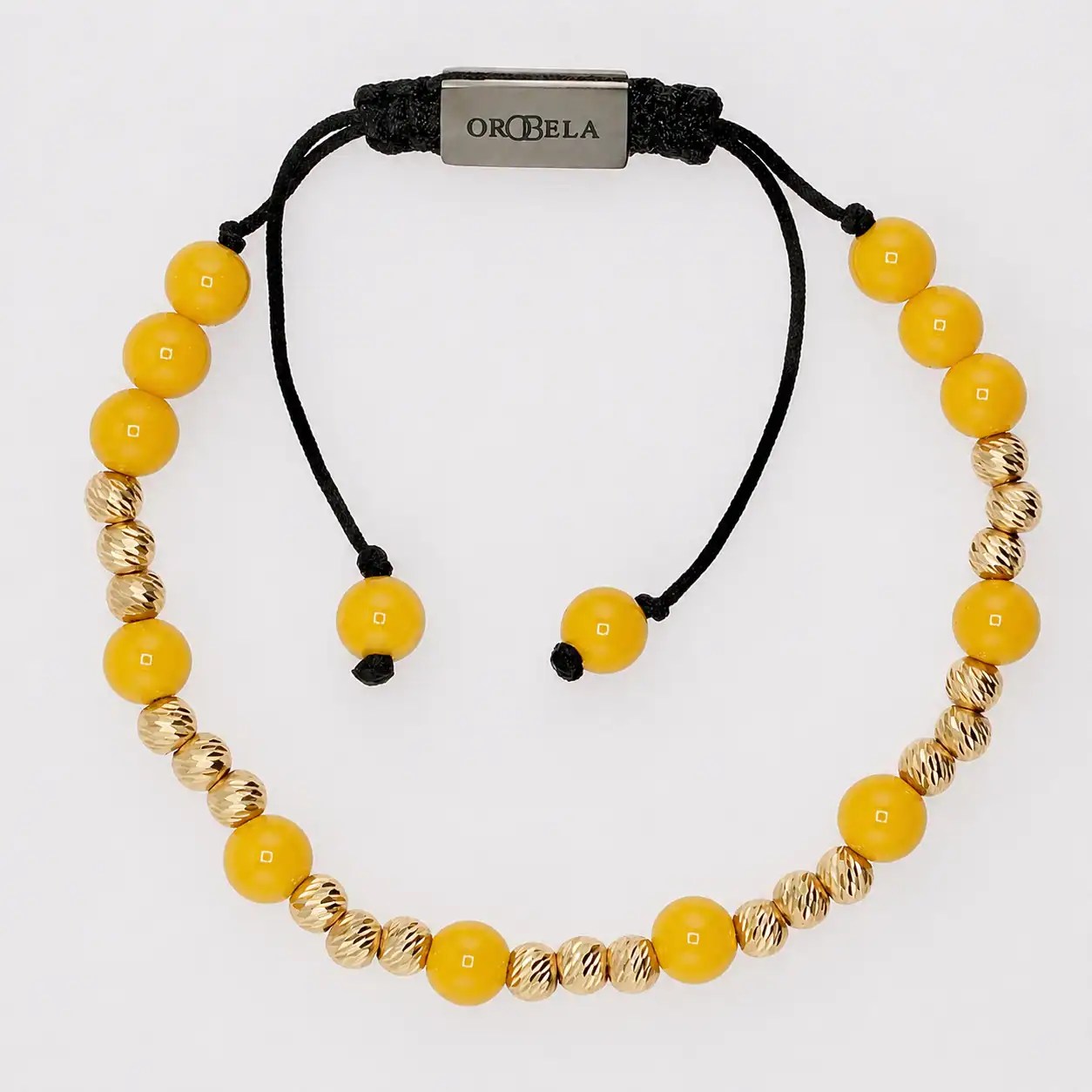 Yellow and gold beaded necklace with adjustable black cord from OroBela.