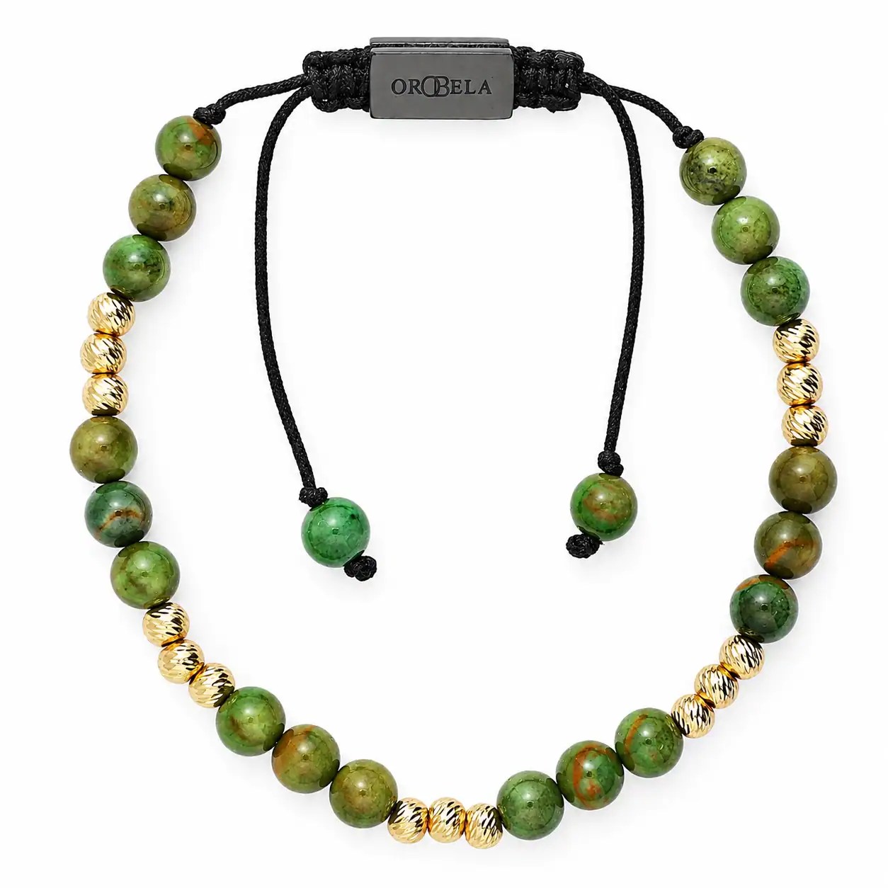 Elegant green and gold beaded necklace with adjustable black cord.