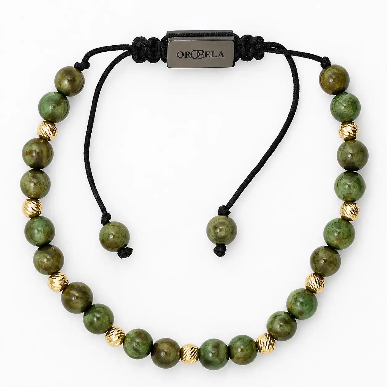 Elegant green beaded necklace with gold accents and adjustable black cord.