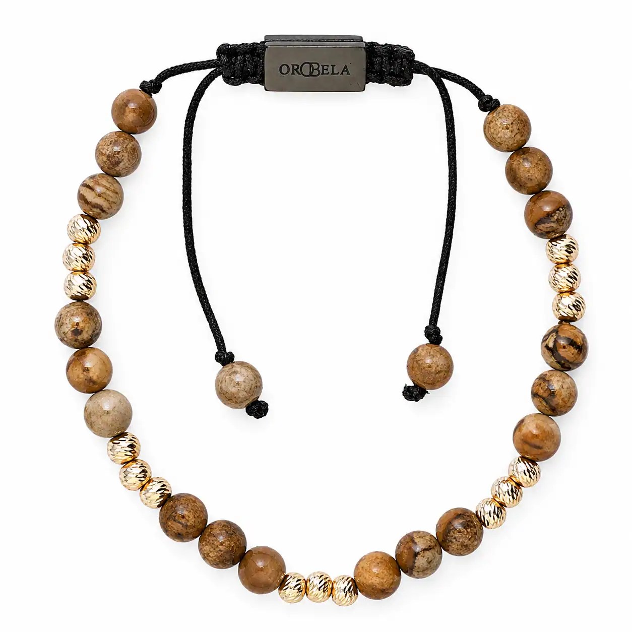 Welcome beaded necklace with wooden and metallic beads on black cord.