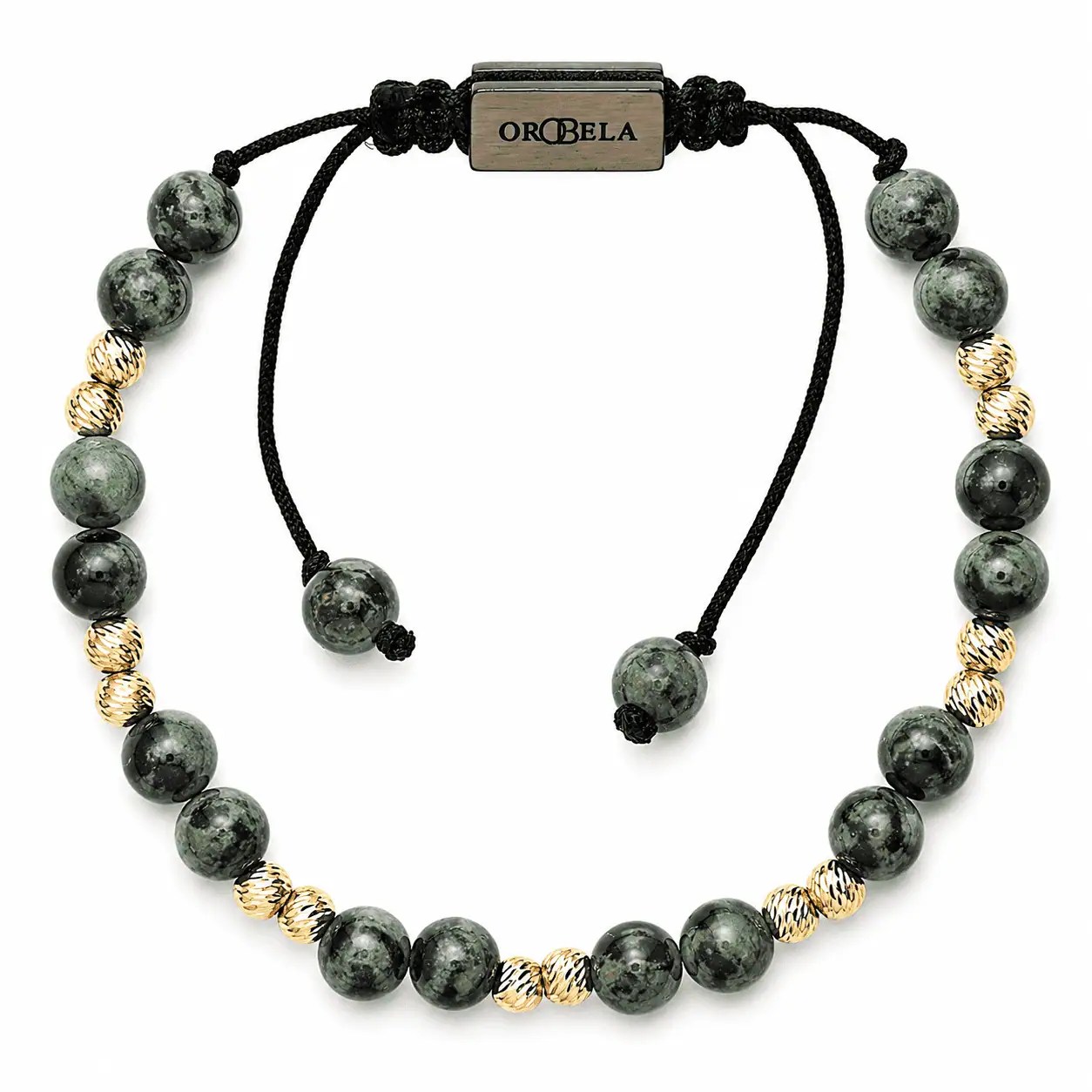 Stylish beaded necklace with black and gold beads for men.