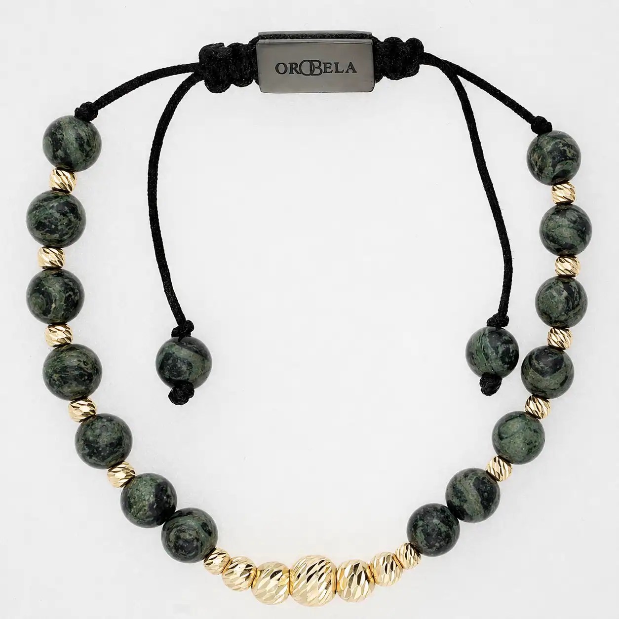 Elegant beaded necklace with green and gold beads on black cord for women.