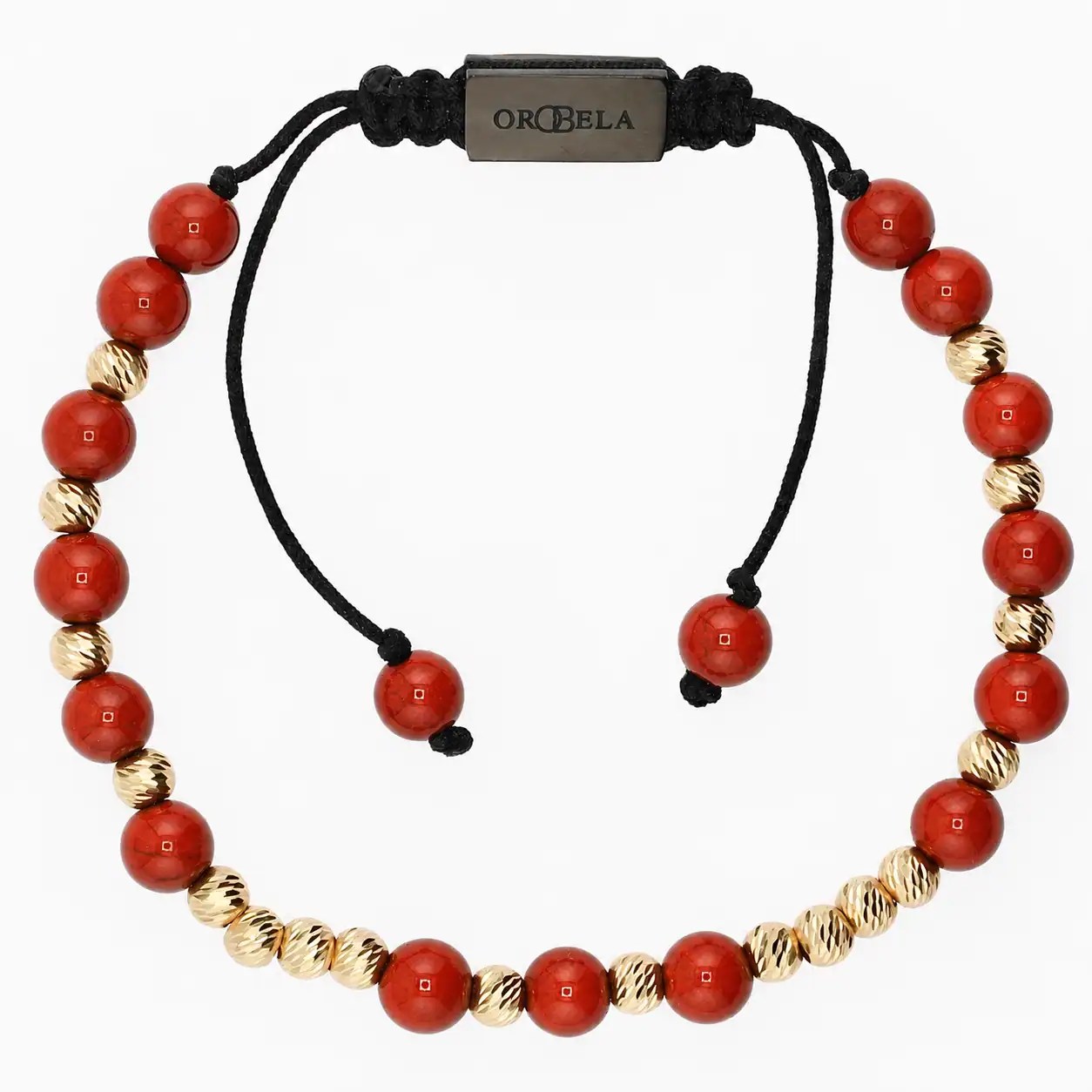 Elegant beaded bracelet with red and gold beads, adjustable with black cord.