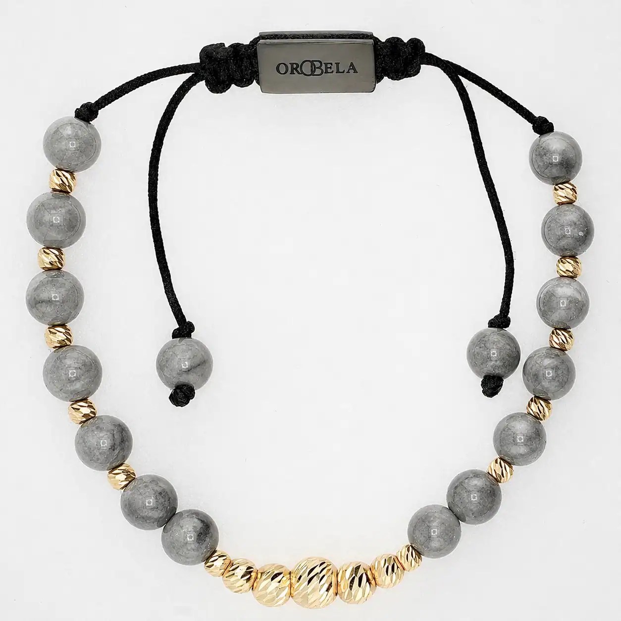 Elegant grey and gold beaded necklace with adjustable black cord.